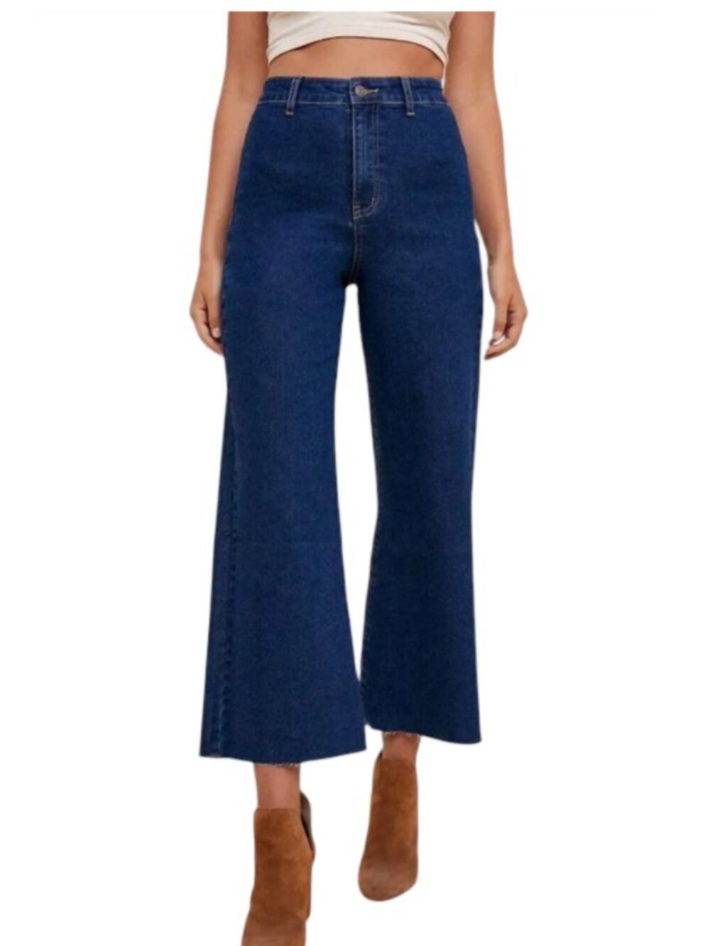 Anniewear Blue Stretch High Rise Denim Wide Leg  Raw Hem Cropped Jeans Large